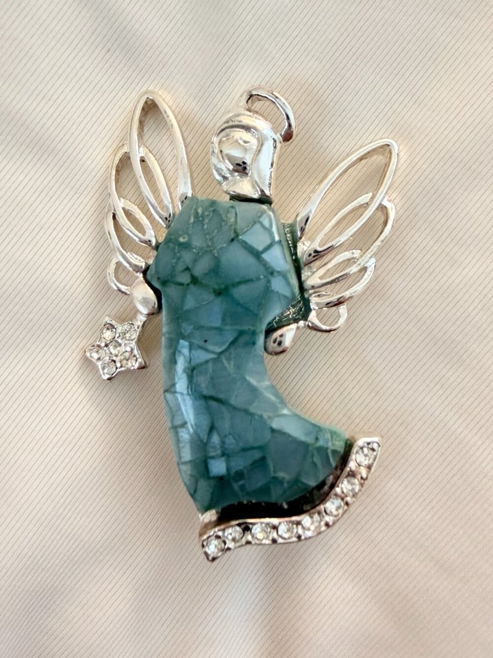 Liz Claiborne Angel Brooch Blue Mosaic Resin Rhinestone Pin Silver Tone Vintage
